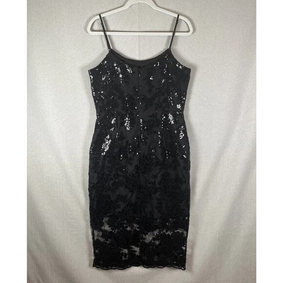 Dress The Population Sequin Floral Lace Tea Length Dress Womens Size Large Black - Picture 6 of 10